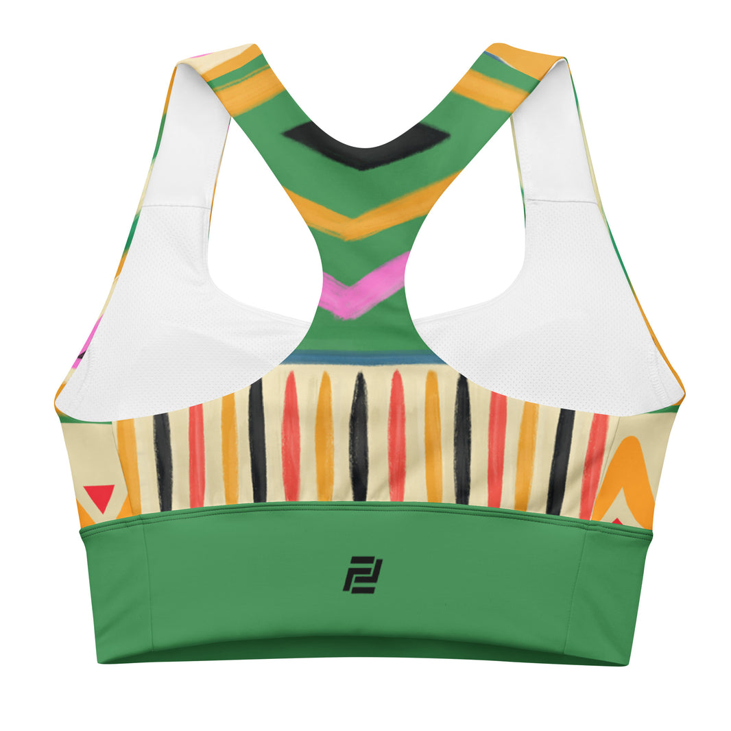 "Bold Frequency" longline sports bra with rust band, medium-high support activewear back view