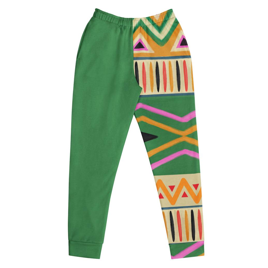 "Bold Frequency" tribal joggers with green colorblock, women’s bold activewear front view