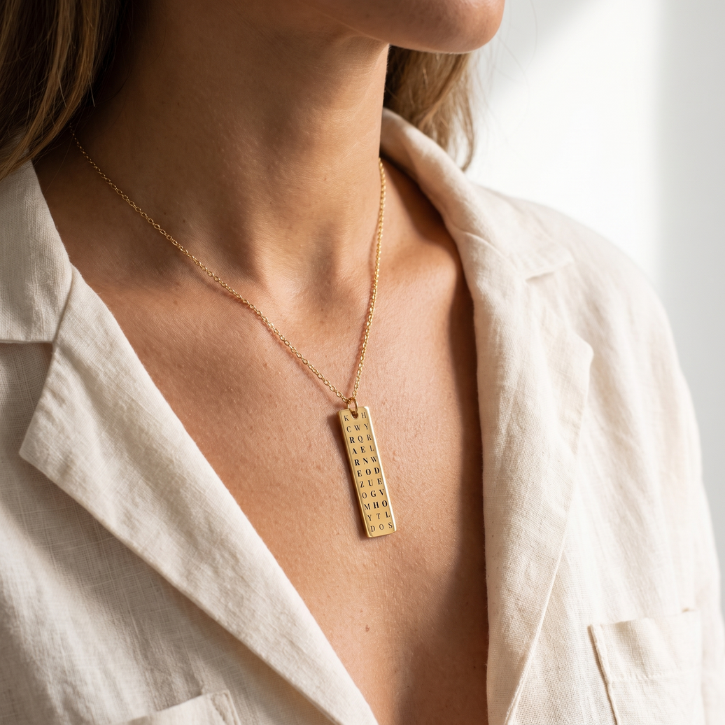 Rare. Enough. Loved. Personalized Word Search Vertical Bar Necklace