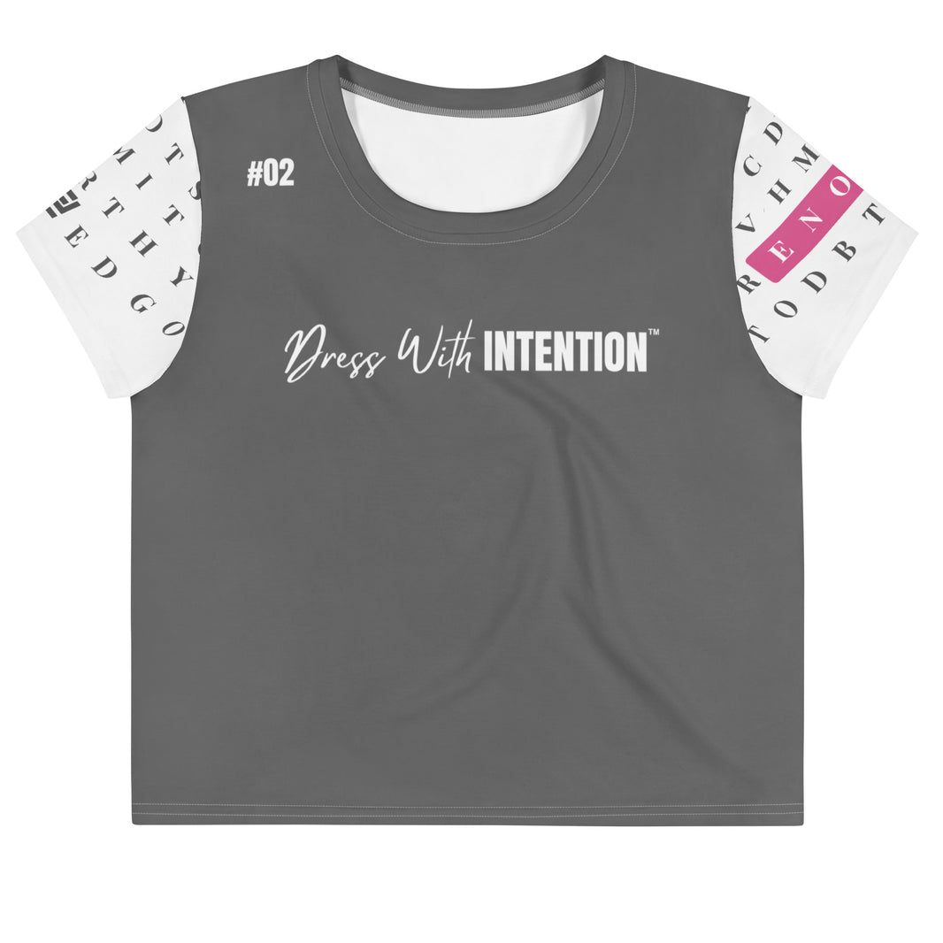 Front view of Dear Human Behind Me™ statement crop t-shirt Message #02 dress with intention
