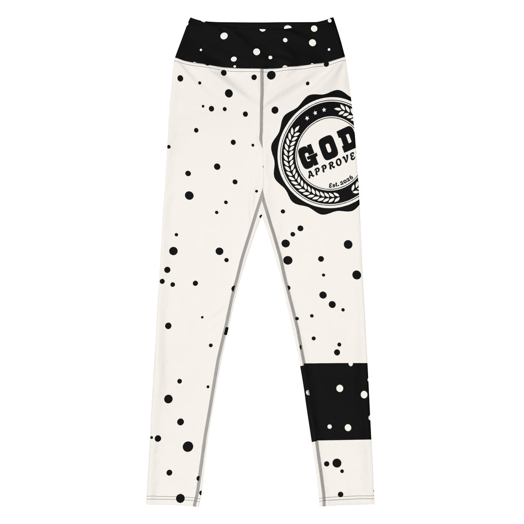God Approved Polka Dot leggings with black band, eco-friendly women’s activewear front view