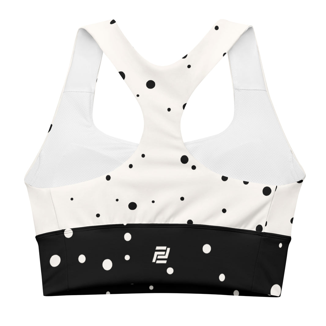 "God Approved" longline sports bra with polka dot and black band, medium-high support activewear back view