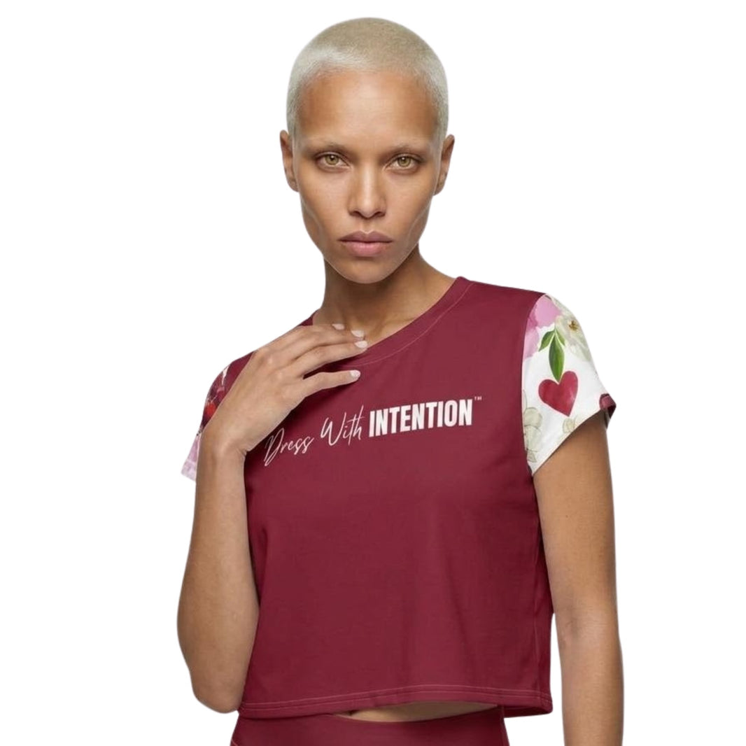 Model Wearing Jesus Loves You Crop Top with Dress With Intention on Front in Red, front