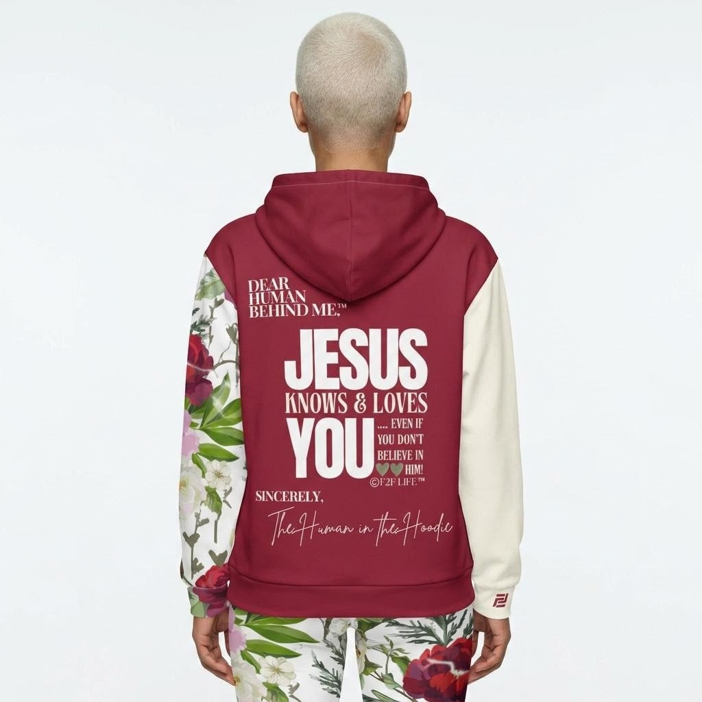 Model shown from the back wearing Dear Human Behind Me Message #5 Jesus Loves You, Floral Print Zip Hoodie