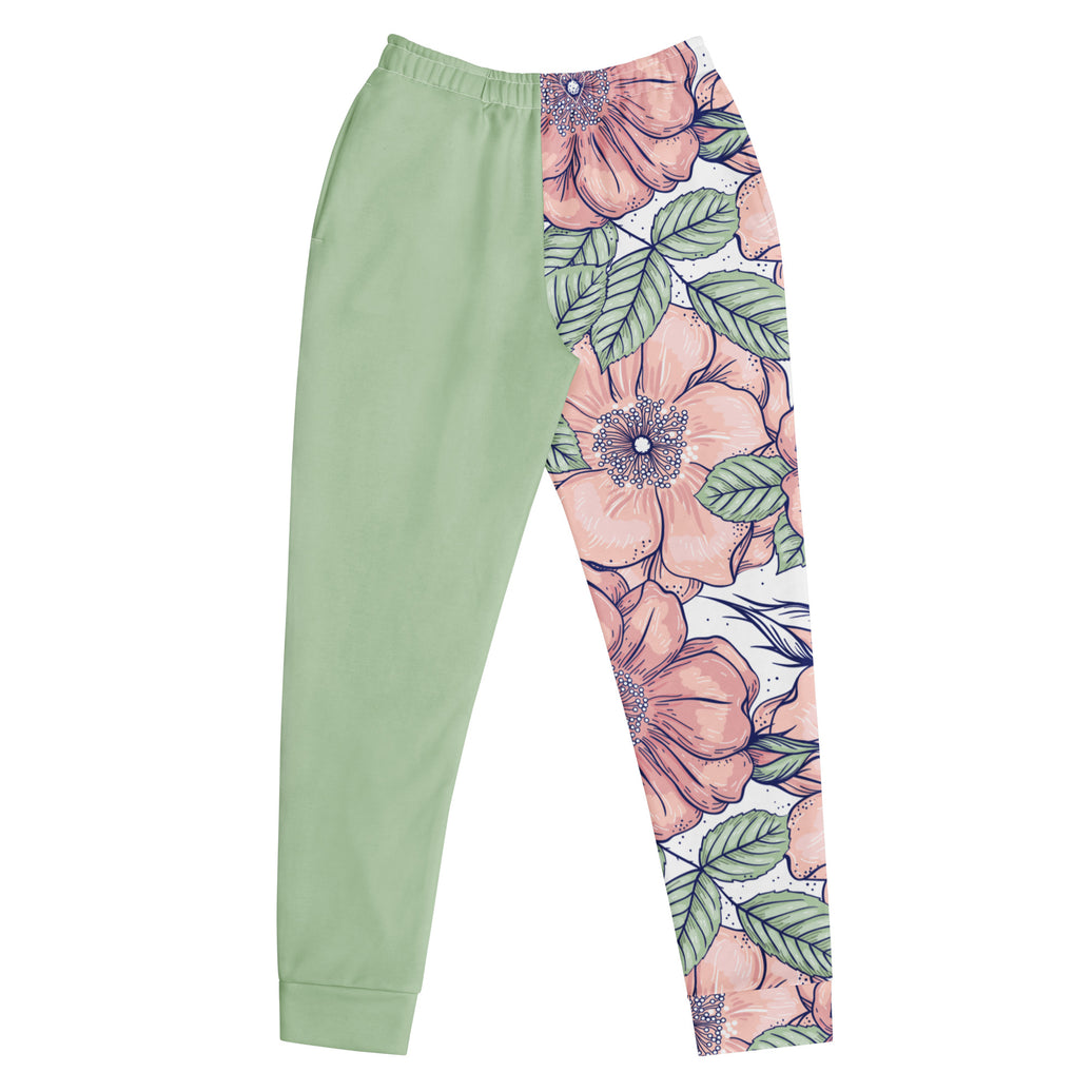 "Love-in-bloom" floral joggers with green colorblock, women’s bold activewear front view