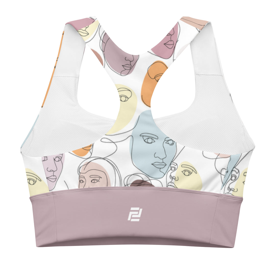 "Mindful Muse" longline sports bra with lilac band, medium-high support activewear back view