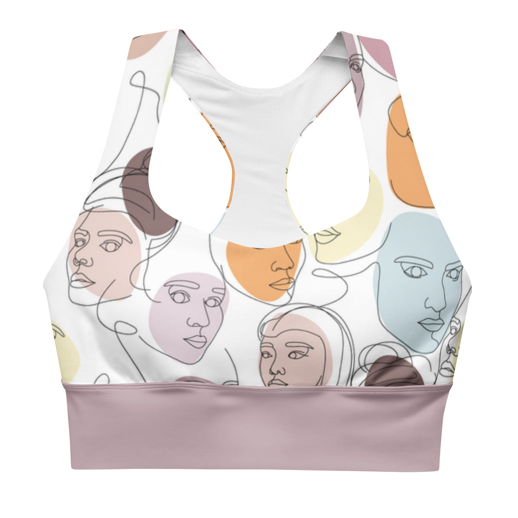 "Mindful Muse" longline sports bra with lilac band, medium-high support activewear front view
