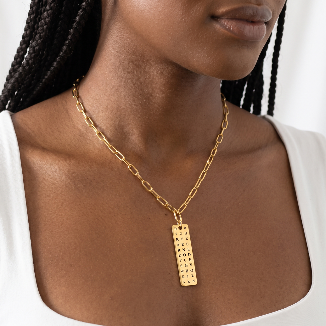 Custom Rare. Enough. Loved. Vertical Bar Word Search Necklace