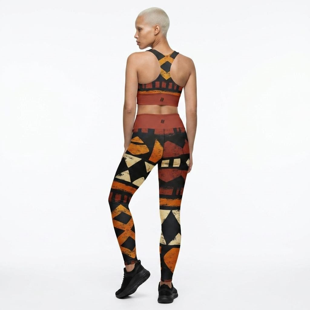 Model shown from the back wearing a matching two-piece activewear set with a African pattern in black, rust red, and beige, on a solid white background.