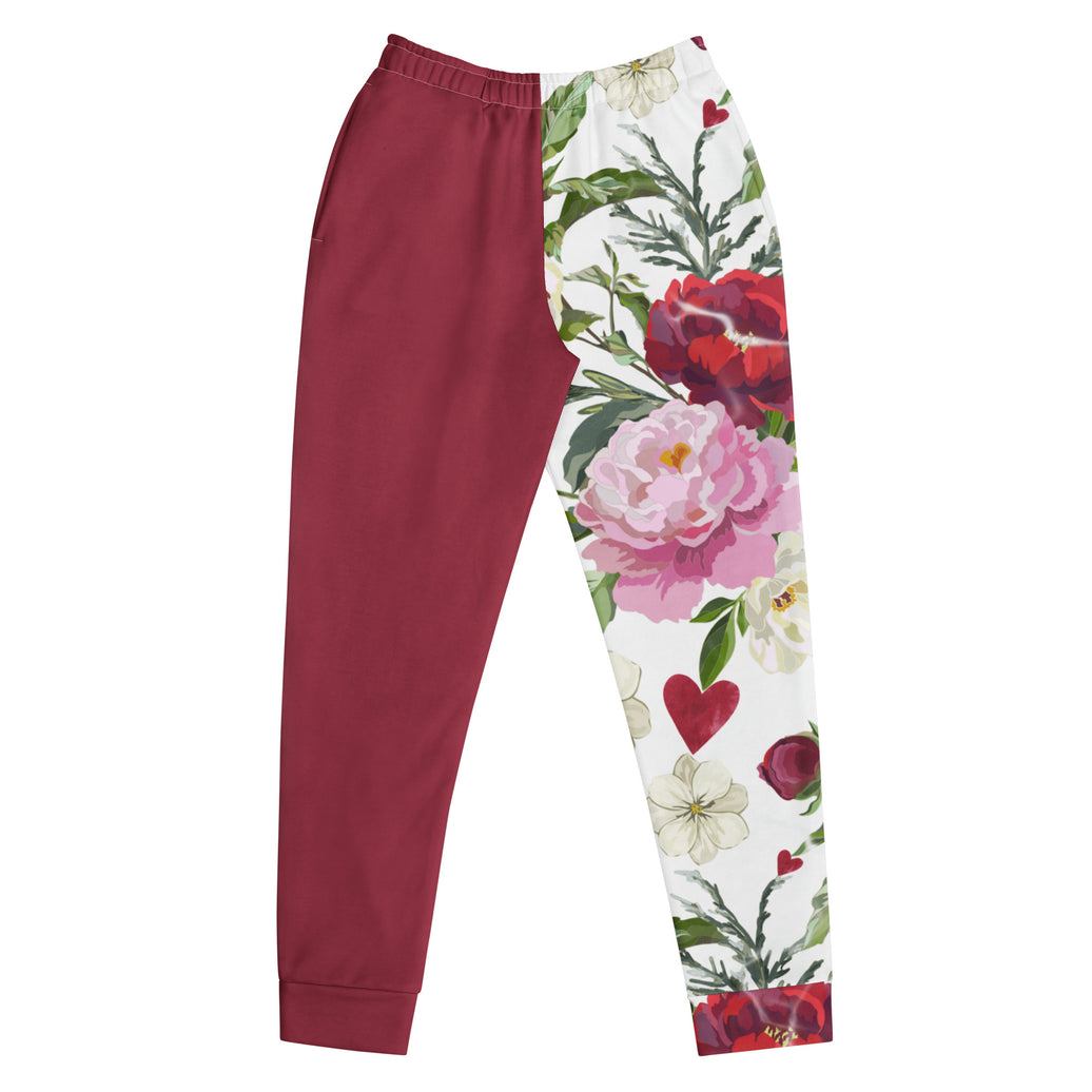 "Roses of Grace" floral joggers with red colorblock, women’s bold activewear front view