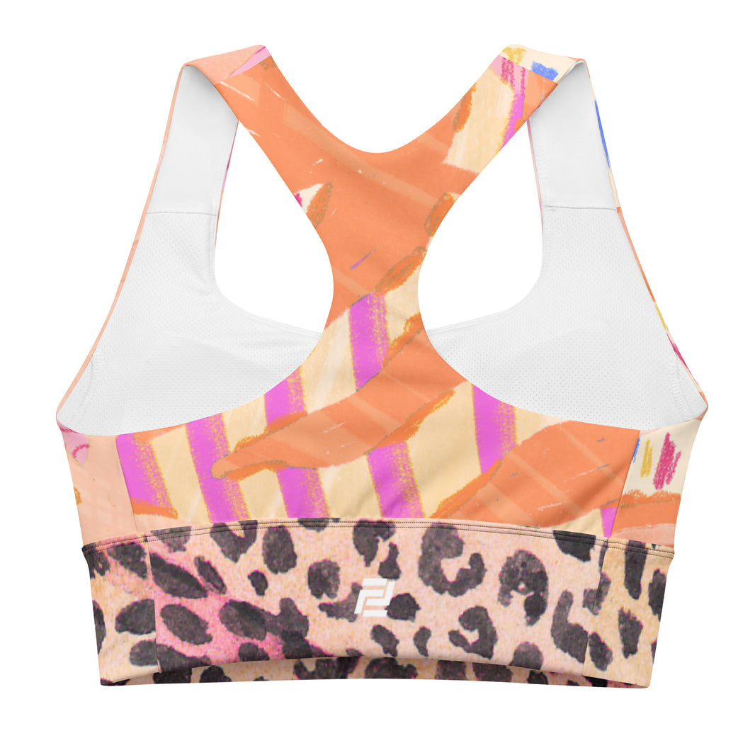 "Starburst Jungle" longline sports bra with cheetah band, medium-high support activewear back view