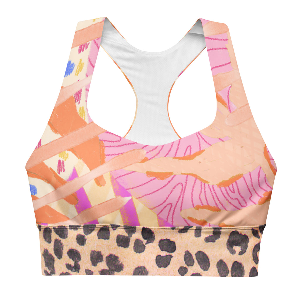 "Starburst Jungle" longline sports bra with cheetah band, medium-high support activewear front view
