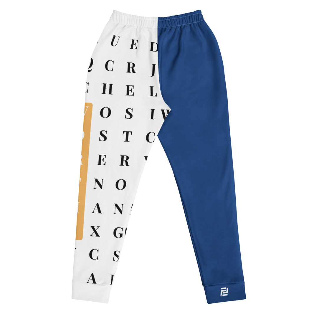 "Worth the Search" statement joggers with blue colorblock, women’s bold activewear back view