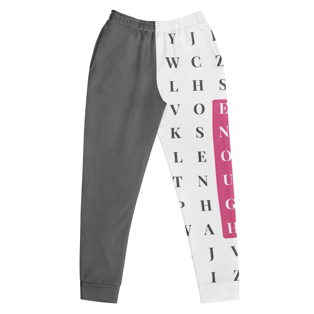 "Worth the Search" statement joggers with grey colorblock, women’s bold activewear front view