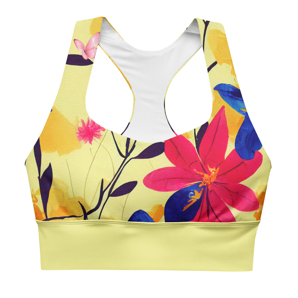 "Bright & Blooming" longline sports bra with yellow band, medium-high support activewear front view