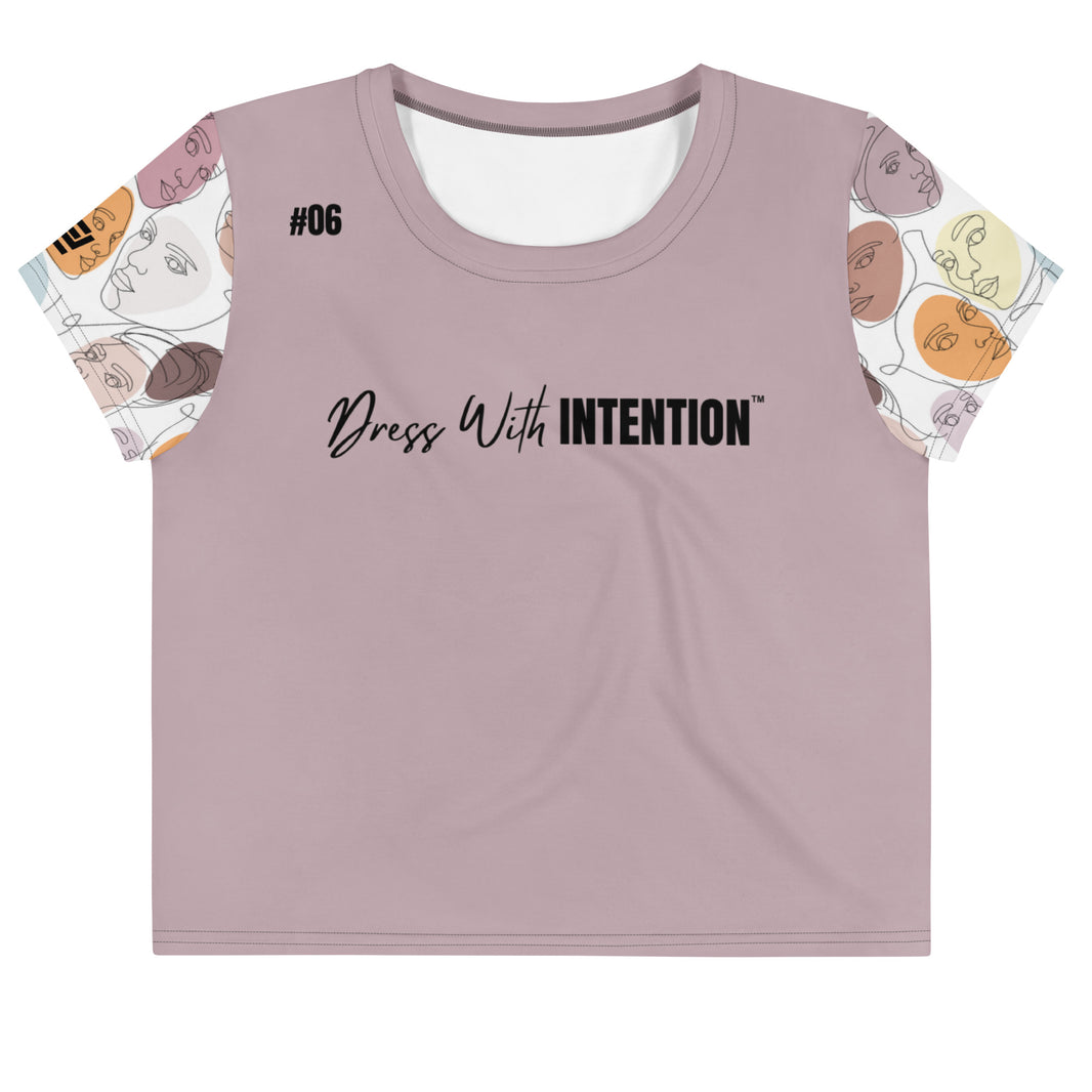 Dear Human Behind Me™ lilac abstract crop t-shirt Message #06 dress with intention front view