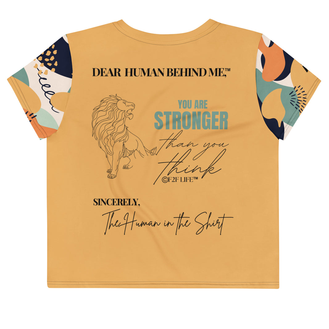 Dear Human Behind Me™ orange abstract crop t-shirt Message #04 you are strong back view