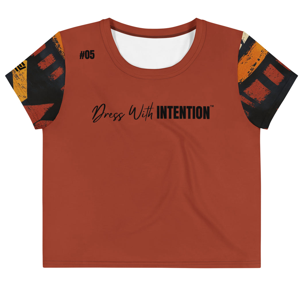 Dear Human Behind Me™ rust African crop t-shirt Message #05 dress with intention front view