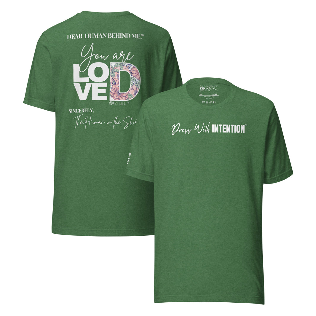 Dear Human Behind Me™ green shirt Message #01 front and back view