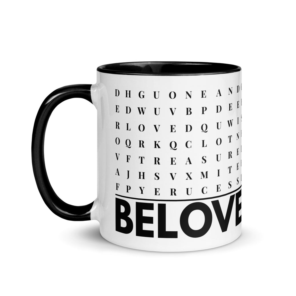 F2F Life black beloved word search mug, 11oz glossy ceramic coffee cup