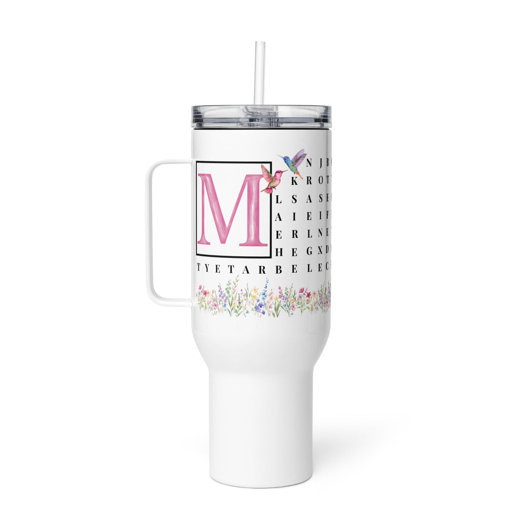 F2F Life floral word search travel tumbler with pink initial, 40oz travel tumbler with handle cup
