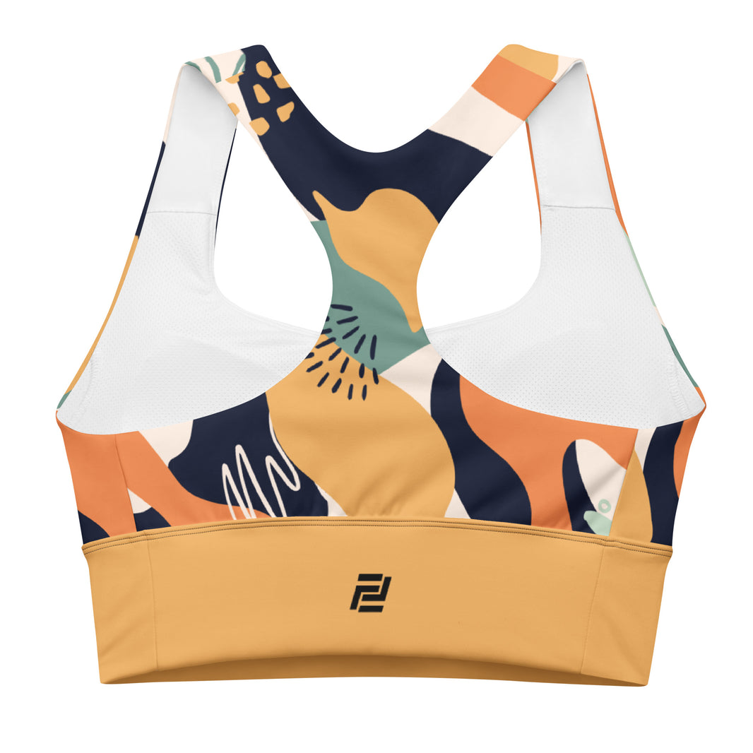 "Fierce & Fluid" longline sports bra with gold band, medium-high support activewear back view