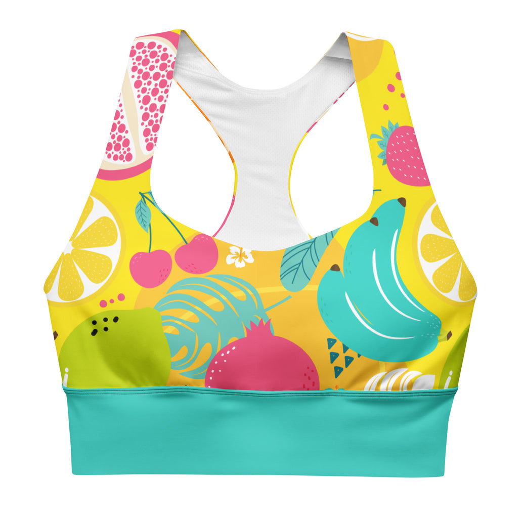 "Fresh Start" longline sports bra with teal band, medium-high support activewear front view