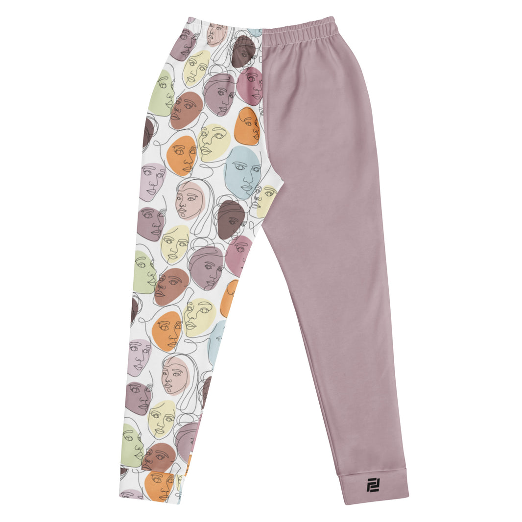"Mindful Muse" joggers with abstract pattern and lilac colorblock, women’s bold activewear back view