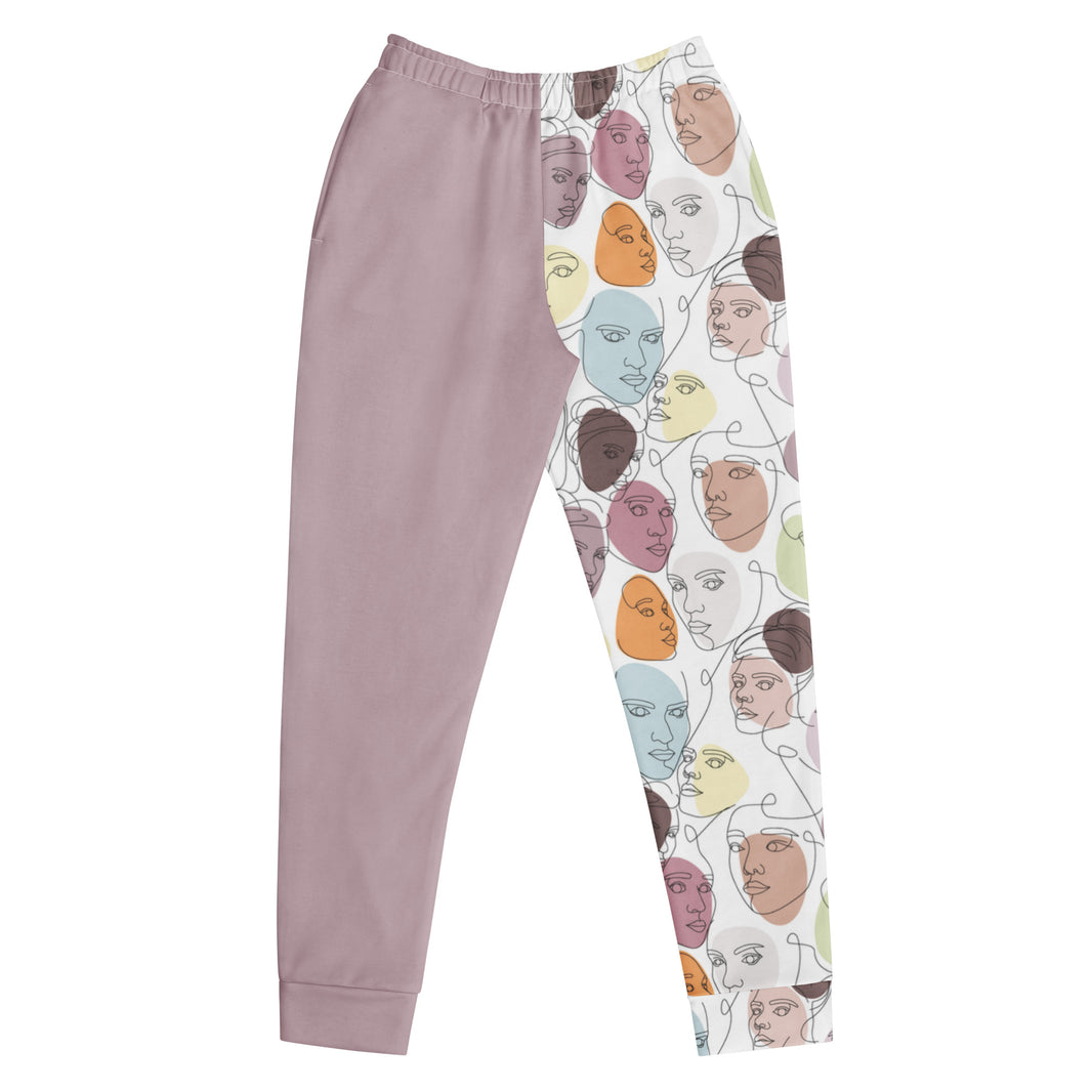"Mindful Muse" joggers with abstract pattern and lilac colorblock, women’s bold activewear front view