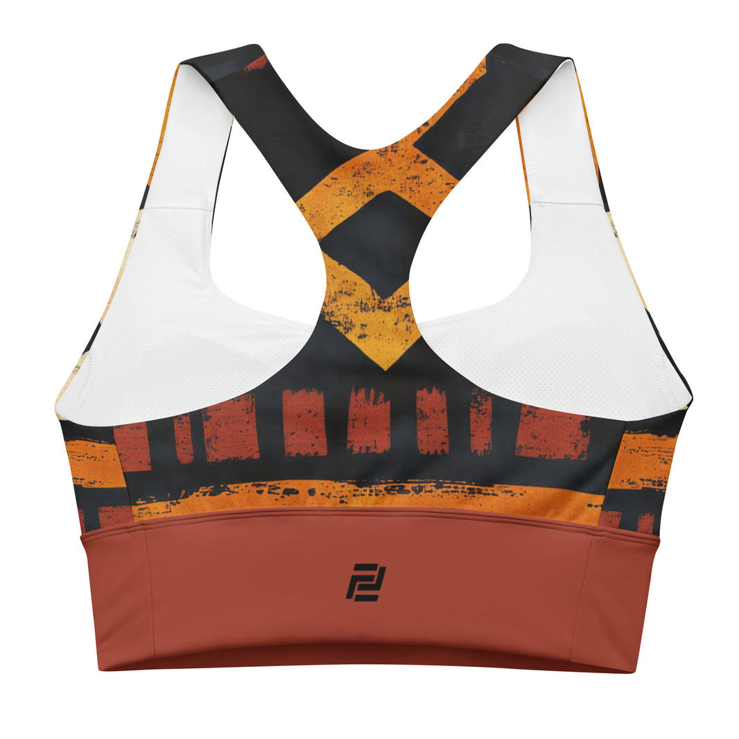 "Rooted Royalty" longline sports bra with rust band, medium-high support activewear back view