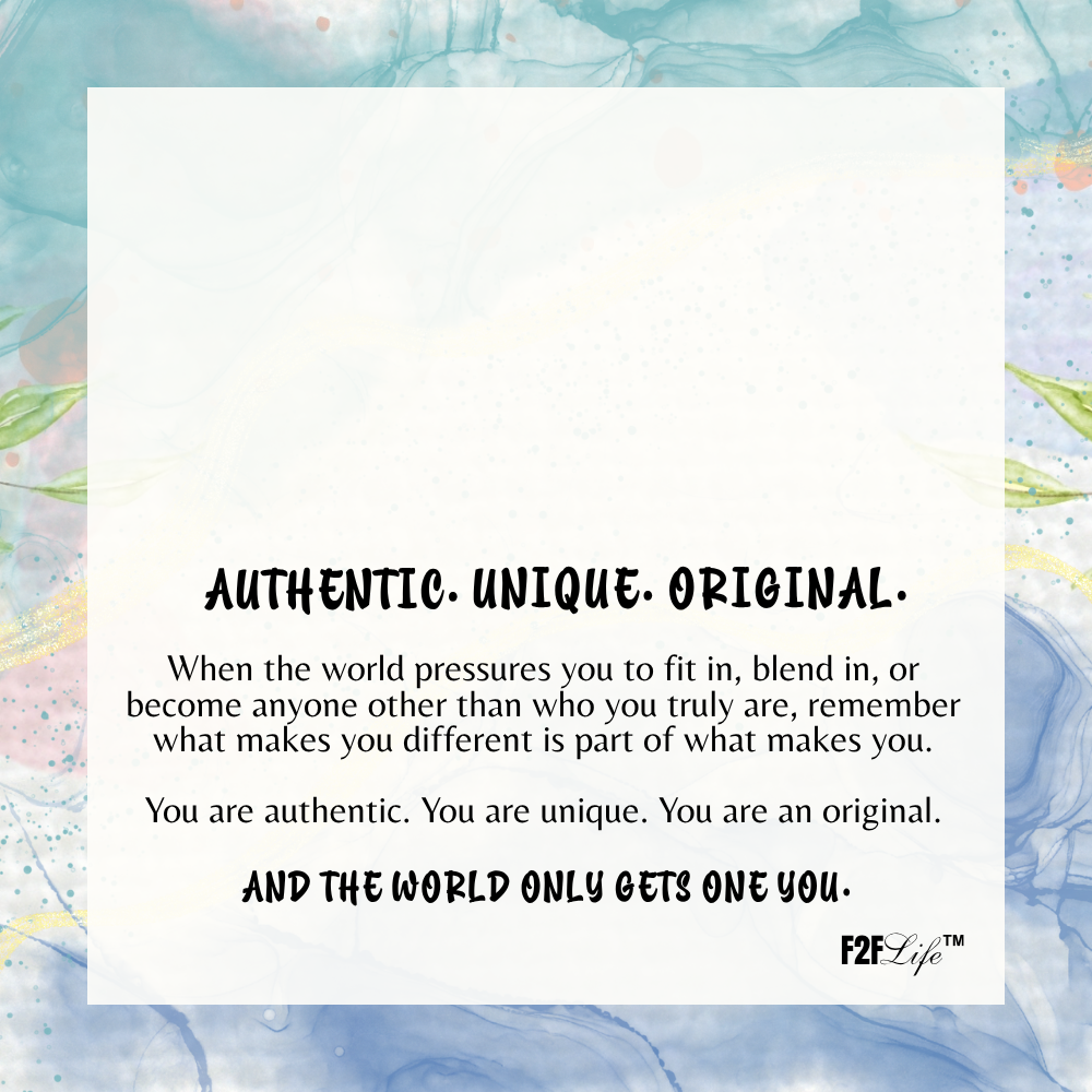 Abstract back jewelry insert with Authentic Unique and Original in bold with encouraging message