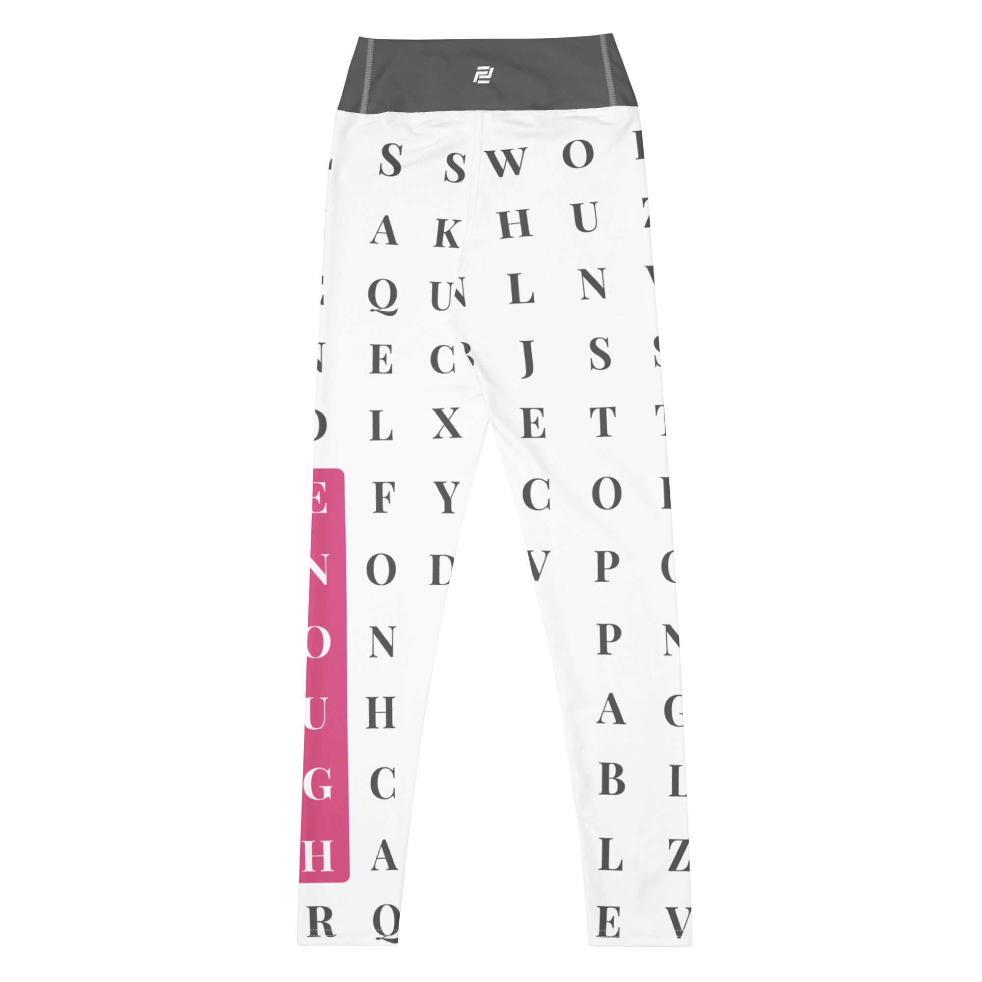 Back view of "Worth the Search" statement workout leggings with word search, eco-friendly women’s activewear