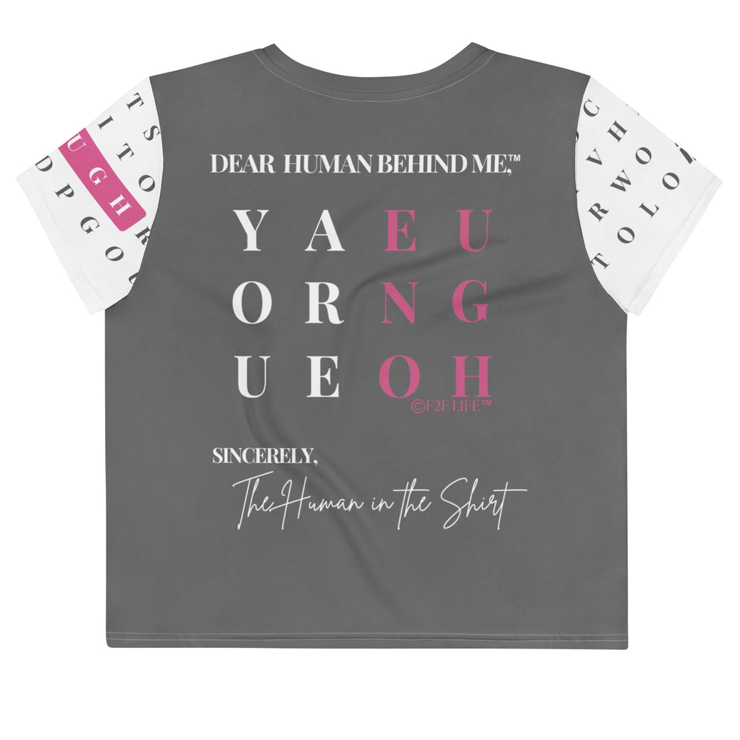 Back view of Dear Human Behind Me™ statement crop t-shirt Message #02 you are worthy