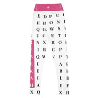 Back view of "Name Game Strong" pink custom workout leggings with word search, eco-friendly women’s activewear