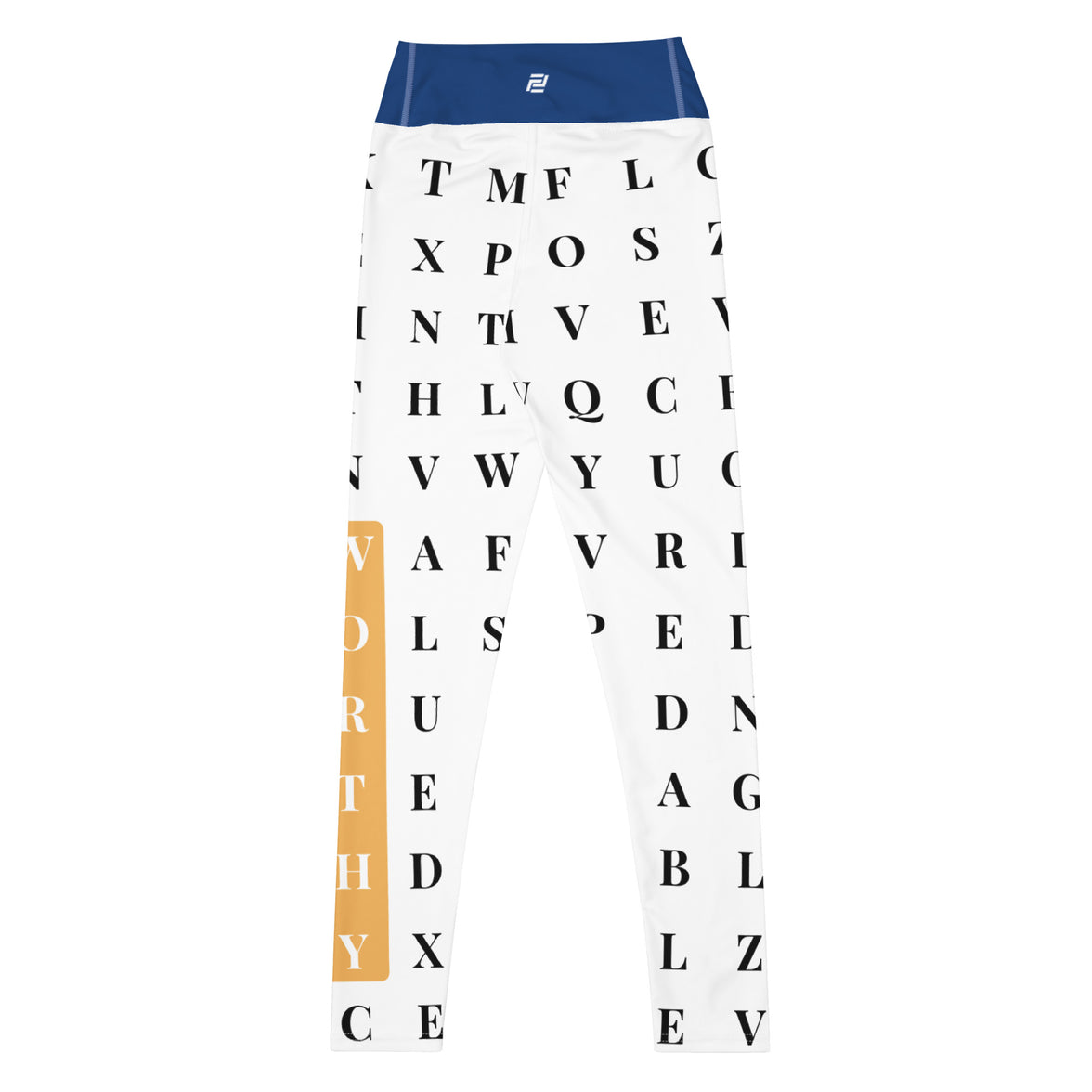 Back view of "The Gold Standard" statement workout leggings with word search, eco-friendly women’s activewear