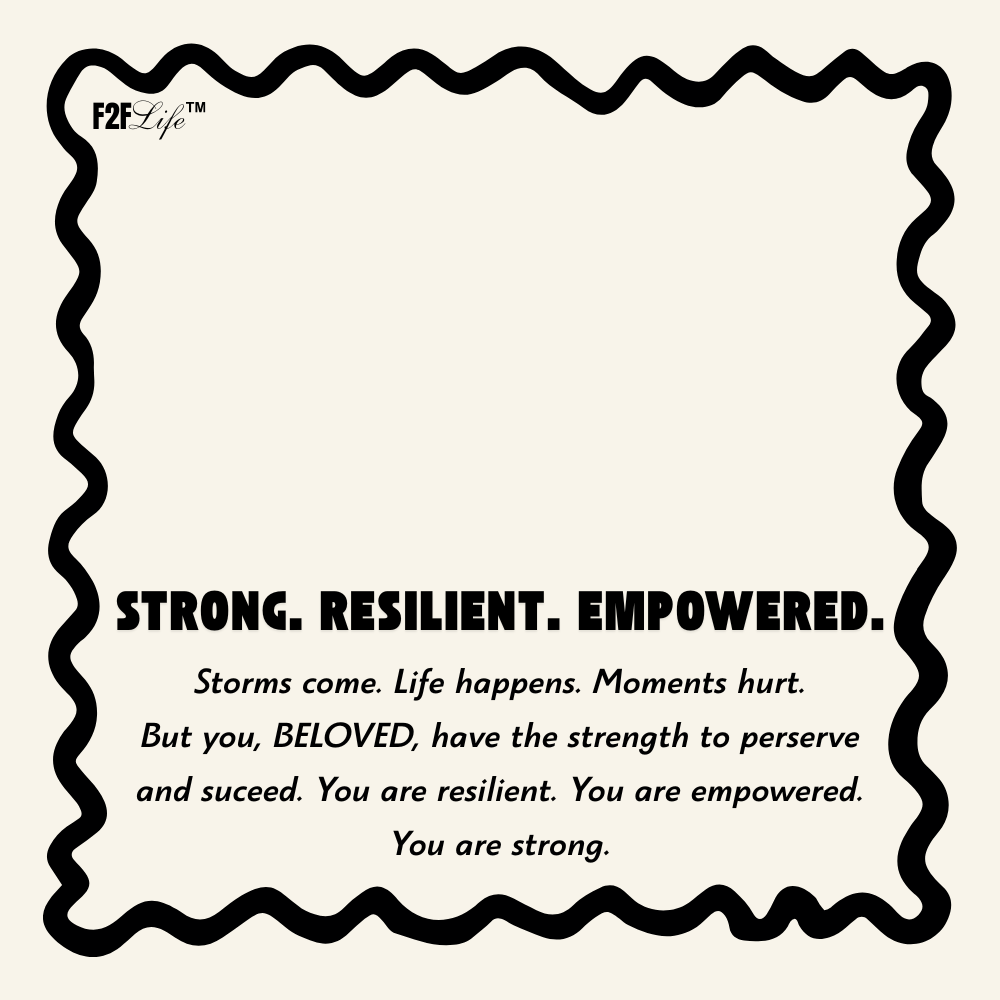 Beige and black jewelry insert with strong, resilient, empowered in bold with encouraging message
