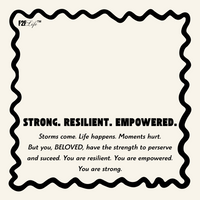 Beige and black jewelry insert with strong, resilient, empowered in bold with encouraging message