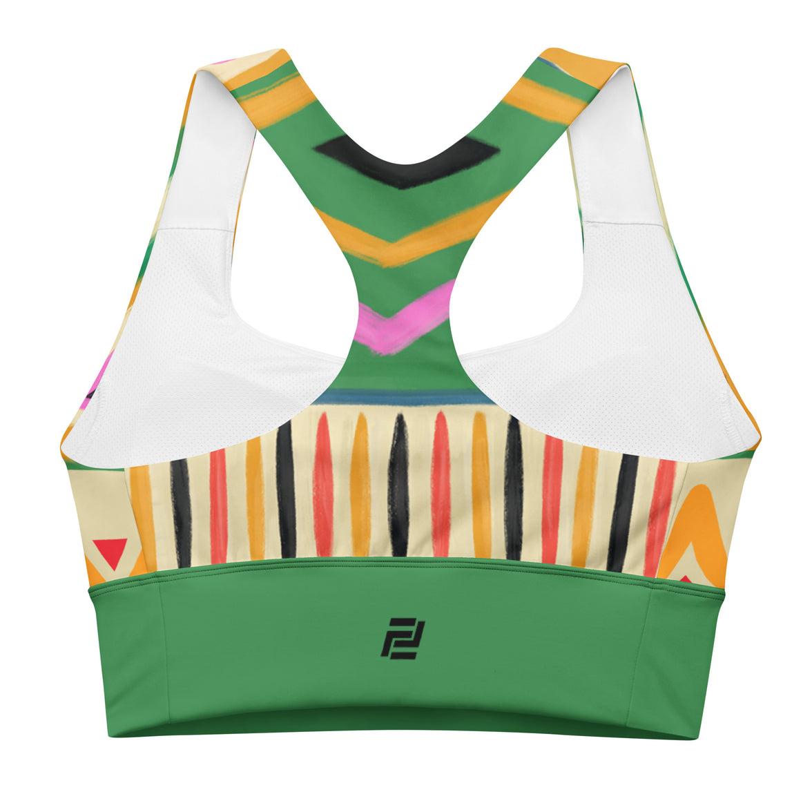 "Bold Frequency" longline sports bra with rust band, medium-high support activewear back view
