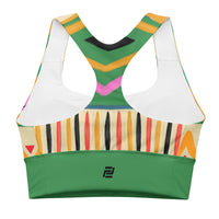 "Bold Frequency" longline sports bra with rust band, medium-high support activewear back view