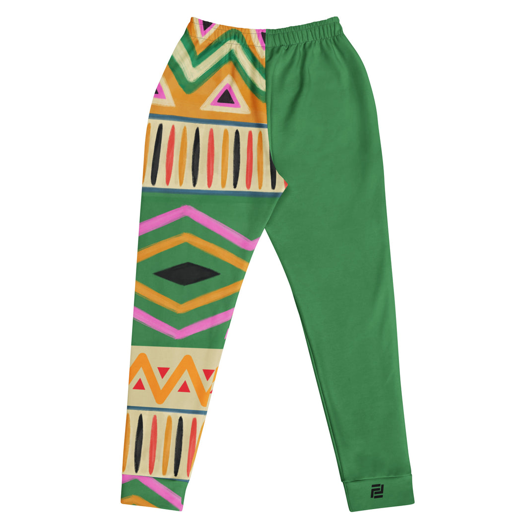 "Bold Frequency" tribal joggers with green colorblock, women’s bold activewear back view