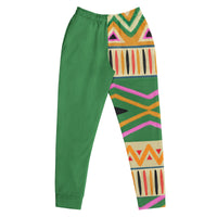"Bold Frequency" tribal joggers with green colorblock, women’s bold activewear front view