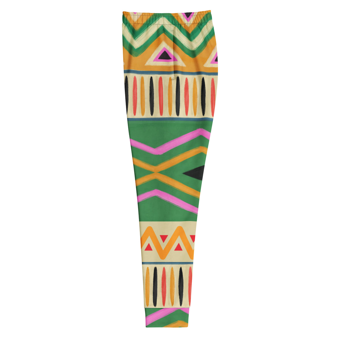 "Bold Frequency" tribal joggers with green colorblock, women’s bold activewear left view