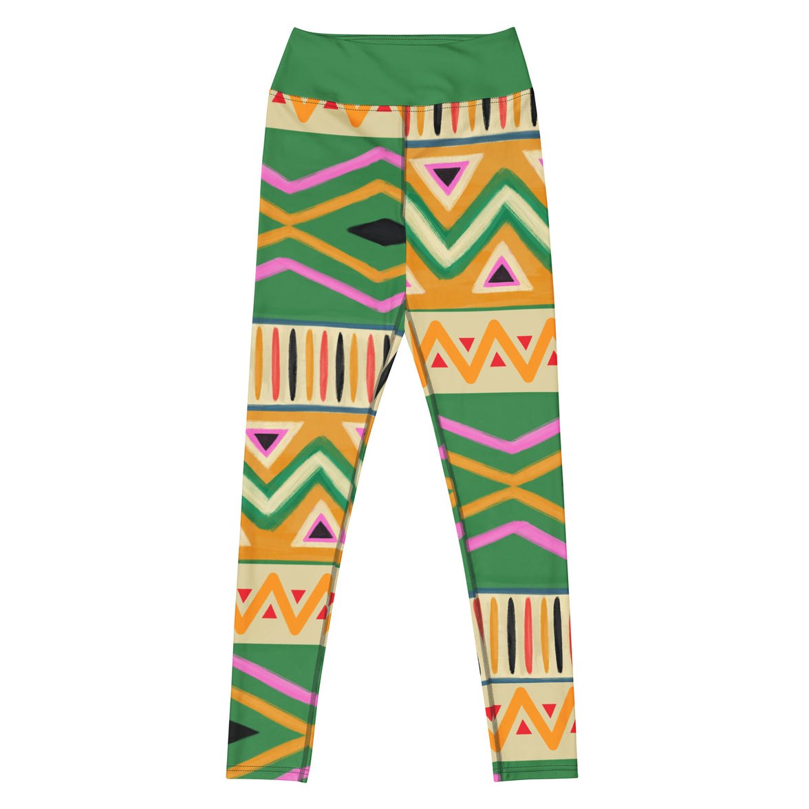 Bold frequency tribal leggings with bold colors, eco-friendly women’s activewear front view