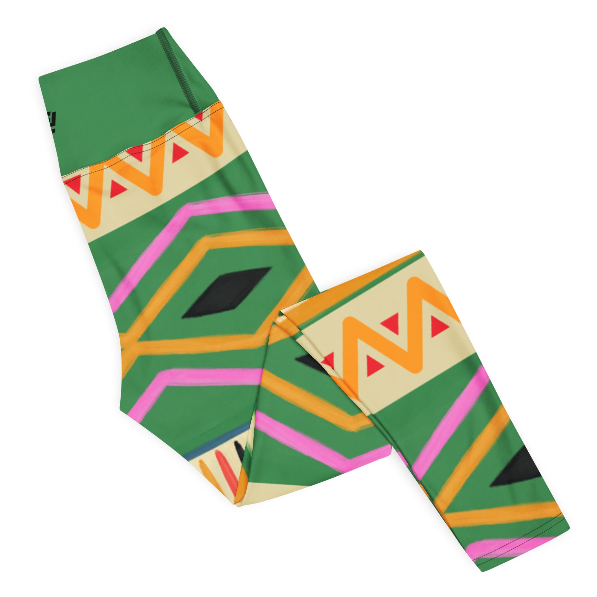 Bold frequency tribal leggings with bold colors, eco-friendly women’s activewear right folded view
