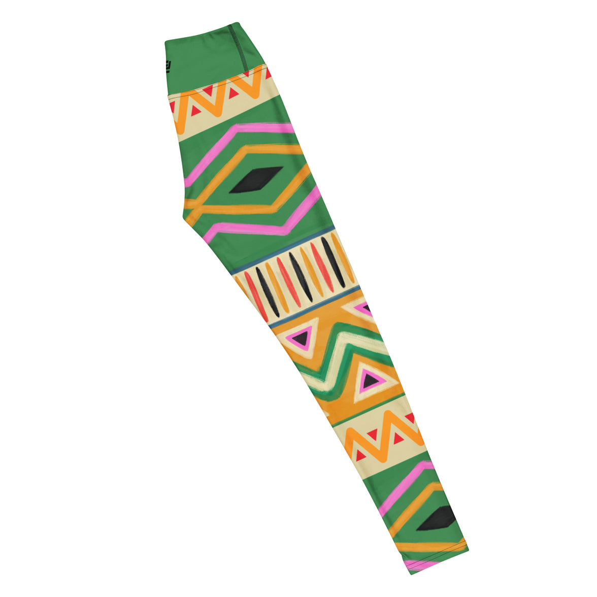 Bold frequency tribal leggings with bold colors, eco-friendly women’s activewear right long view