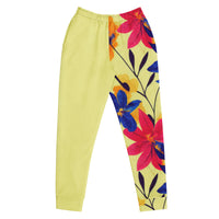 "Bright & Blooming" floral joggers with yellow colorblock, women’s bold activewear front view