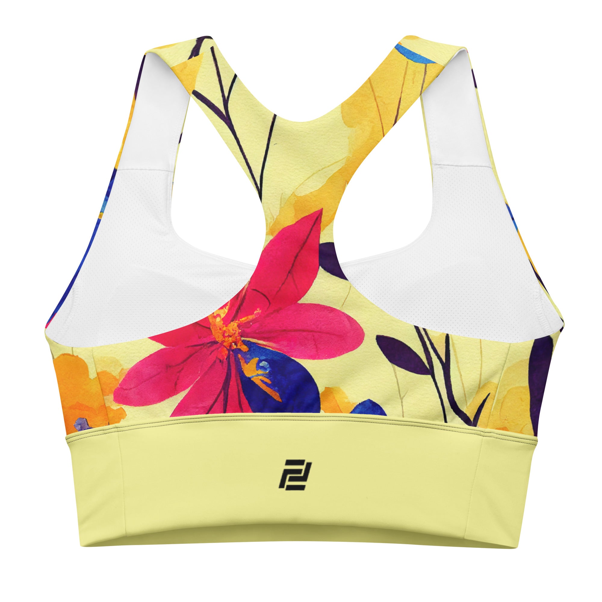 "Bright & Blooming" longline sports bra with yellow band, medium-high support activewear back view