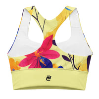 "Bright & Blooming" longline sports bra with yellow band, medium-high support activewear back view