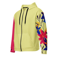 Bright and blooming yellow zip hoodie with no back message front view