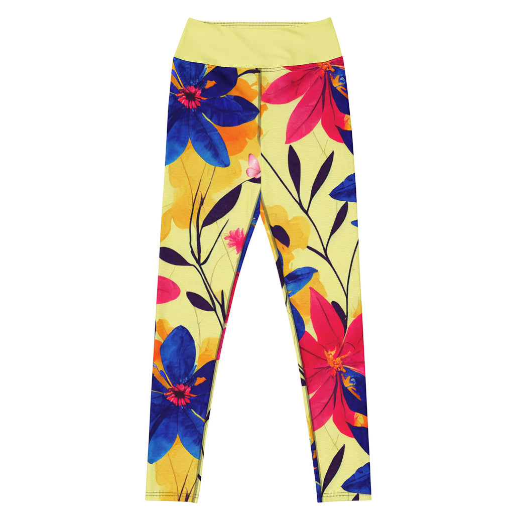 Bright & Blooming floral yoga leggings with vibrant colors, eco-friendly women’s activewear front viewn